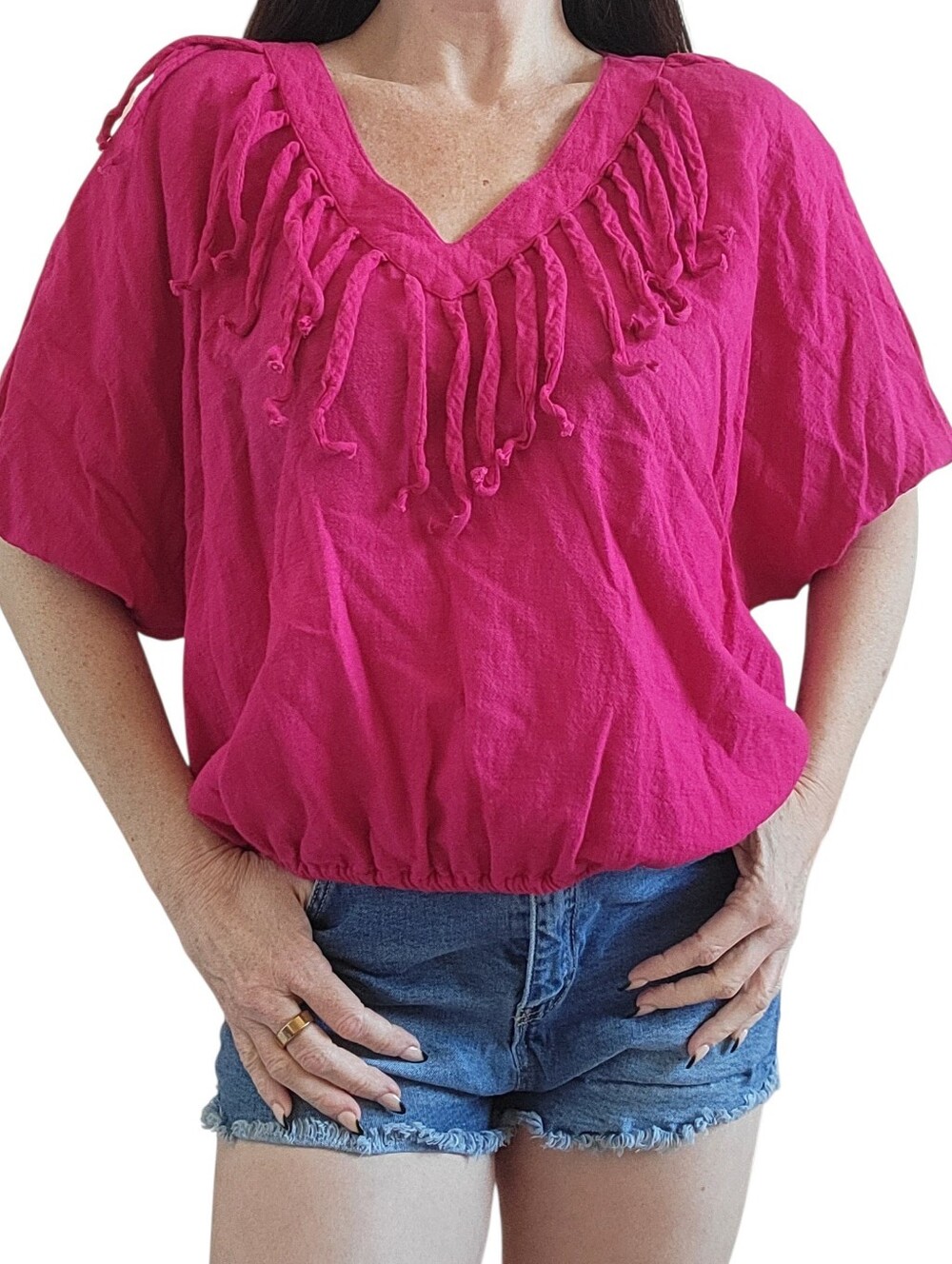 New Hero Native American Cotton Women's Hot Pink V-Neck Fringe Top